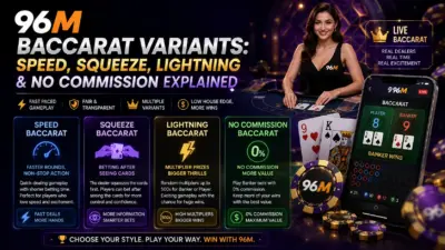 96M baccarat variants guide featured image showing Speed Baccarat, Squeeze Baccarat, Lightning Baccarat, and No Commission Baccarat with live dealer, cards, chips, and mobile gameplay screen
