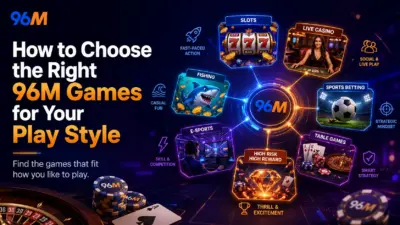 96M game selection guide featured image showing slots, live casino, sports betting, fishing, e-sports, and table games matched to different player play styles