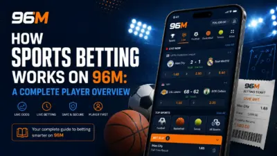 96M sports betting overview featured image showing a mobile sportsbook app with live odds, football and basketball matches, bet slip, betting ticket, sports balls, and safe live betting icons